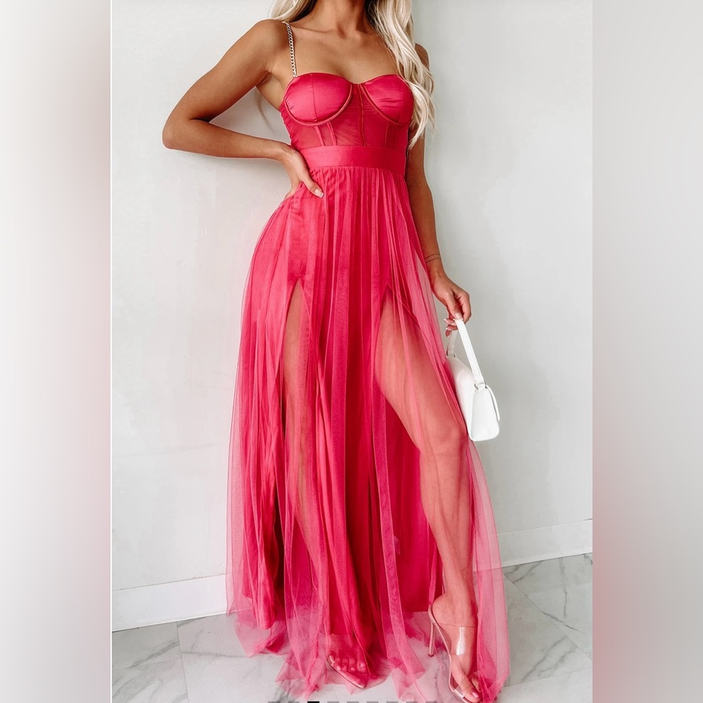 NWOT,  Hot pink high slit corset style maxi dress